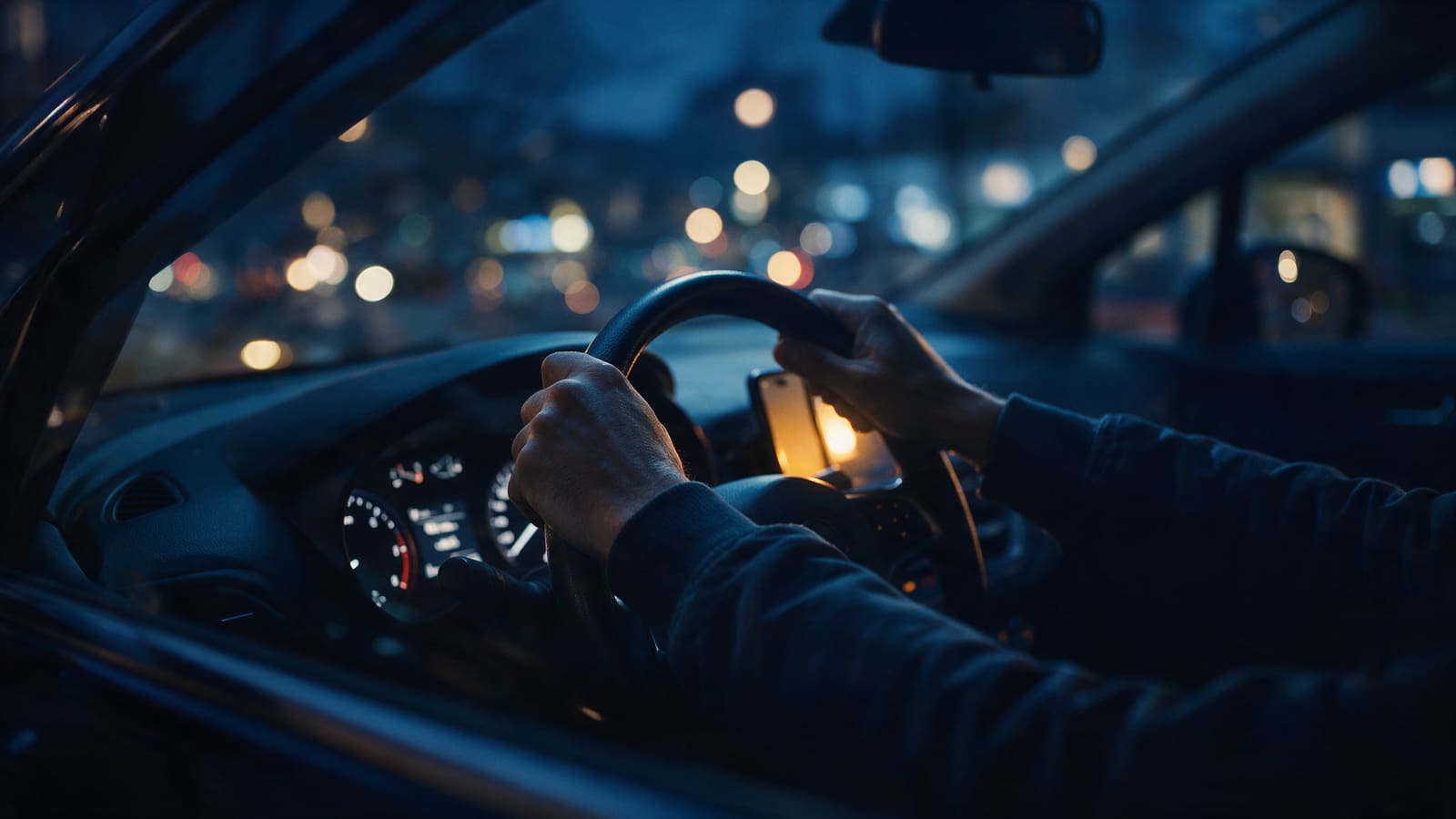 Kierowca aplikacji przewozowej za kierownicą samochodu nocą w mieście